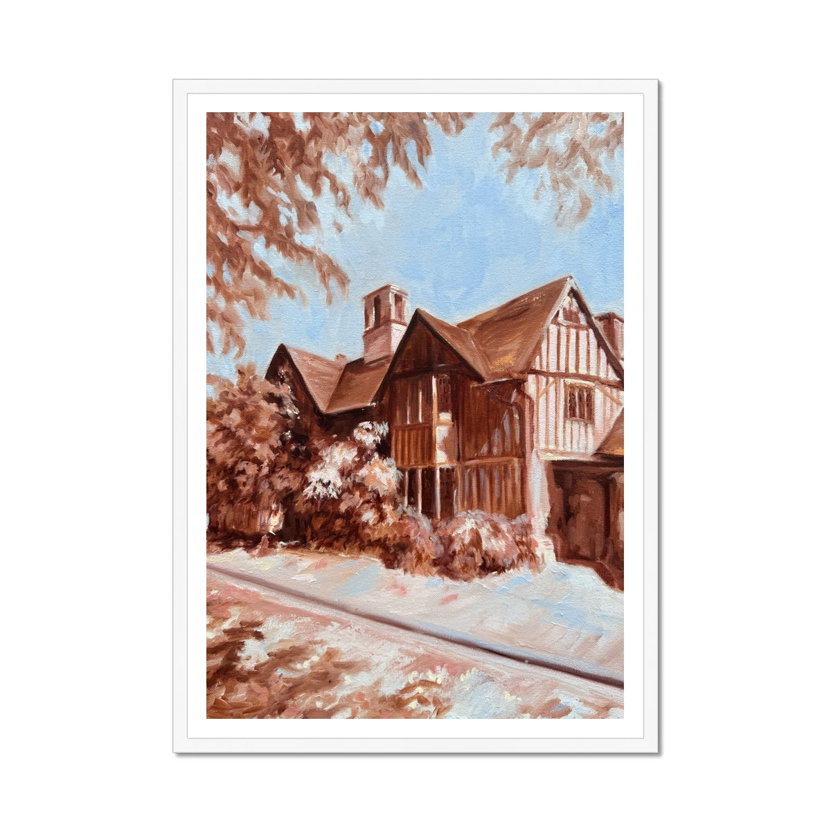 Hall’s Croft fine art print in a white frame, featuring Shakespeare’s daughter’s historic Stratford-upon-Avon home in warm sepia and soft blue tones.