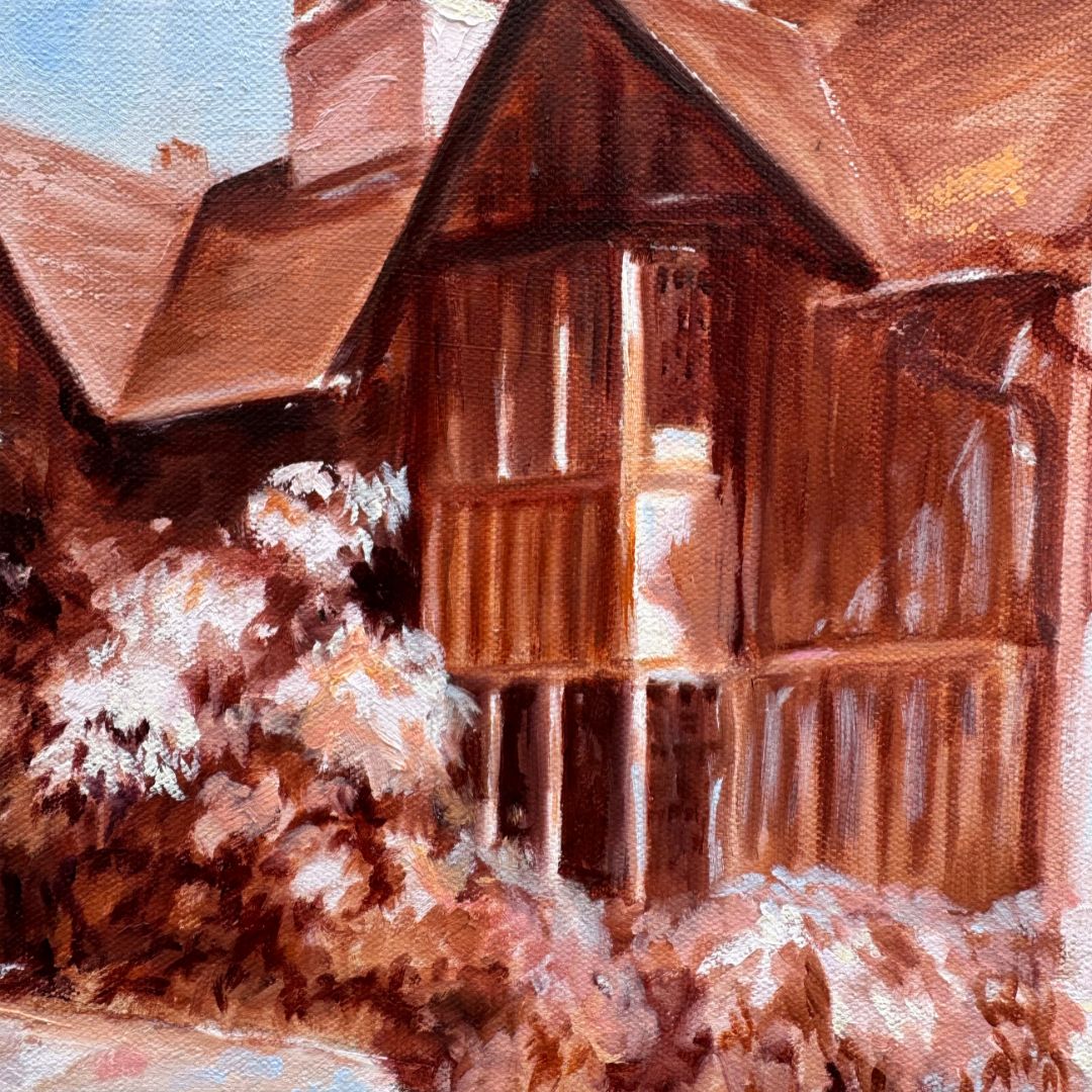 Close-up detail of original oil painting of Hall’s Croft in Stratford-upon-Avon, Warwickshire.