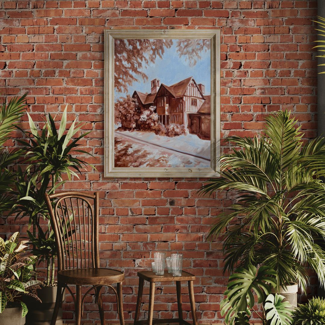 Original oil painting of Hall’s Croft in Stratford-upon-Avon displayed on a red brick wall with indoor plants.