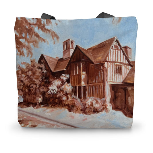 Front view of the Hall’s Croft tote bag featuring Lorraine Field’s original Stratford-upon-Avon artwork printed on durable cream canvas with black handles