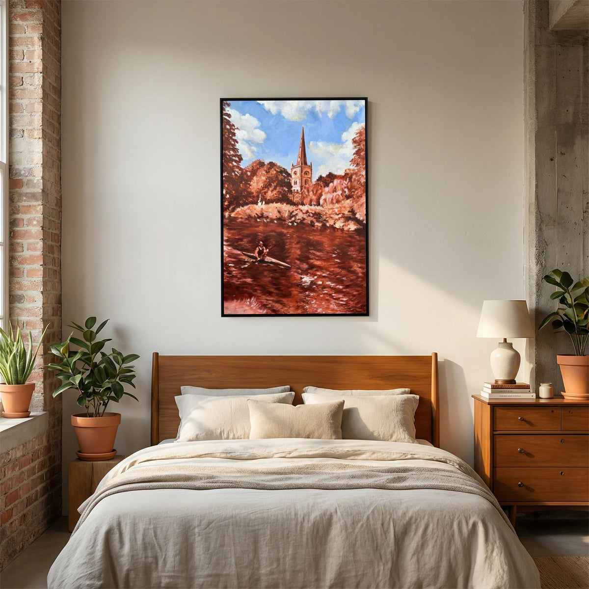 Holy Trinity Church Stratford-upon-Avon canvas print displayed above a bed in a warm bedroom