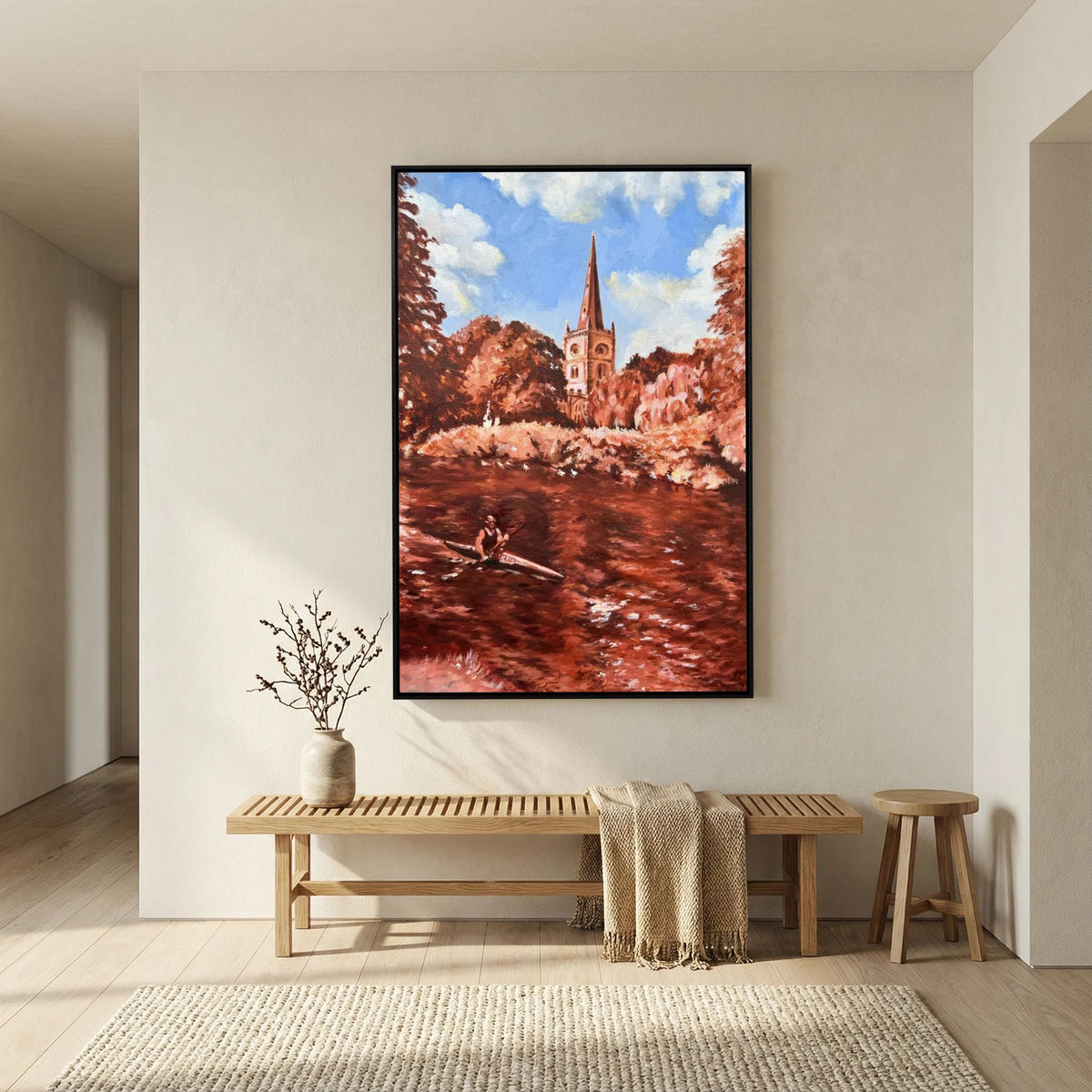 Holy Trinity Church canvas wall art displayed above a wooden bench