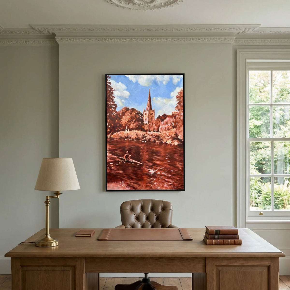 Stratford-upon-Avon canvas print of Holy Trinity Church displayed above a home-office desk