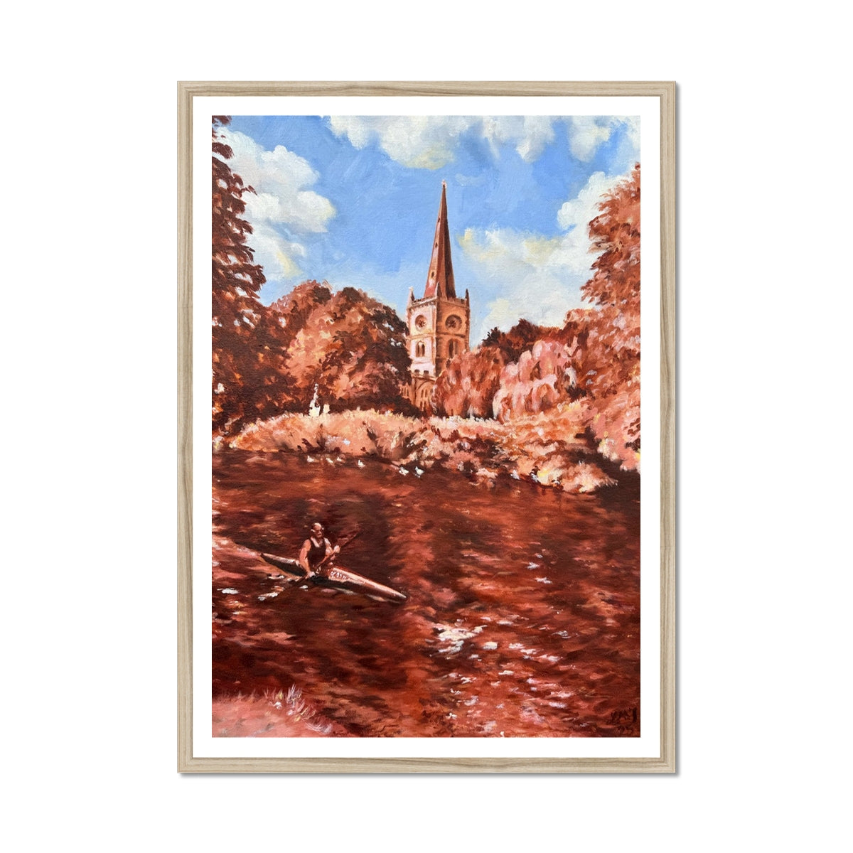 Framed fine art print of Holy Trinity Church beside the River Avon in Stratford-upon-Avon with a natural wood frame.