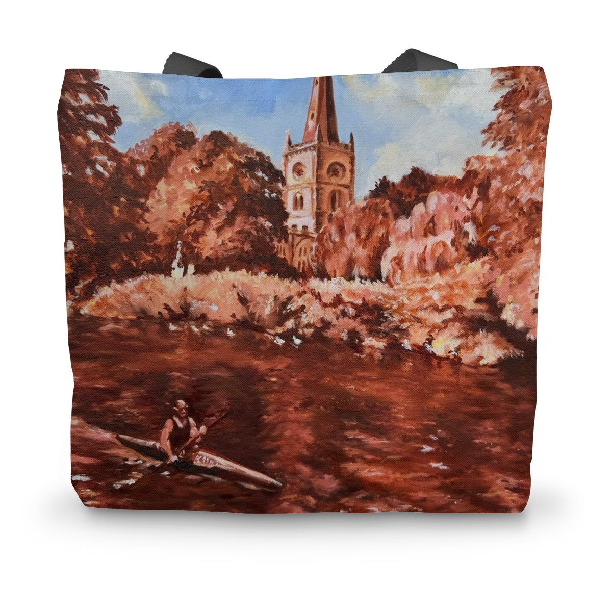 Front view of the Holy Trinity Church tote bag featuring Lorraine Field’s original Stratford-upon-Avon church artwork printed on durable cream canvas with black handles