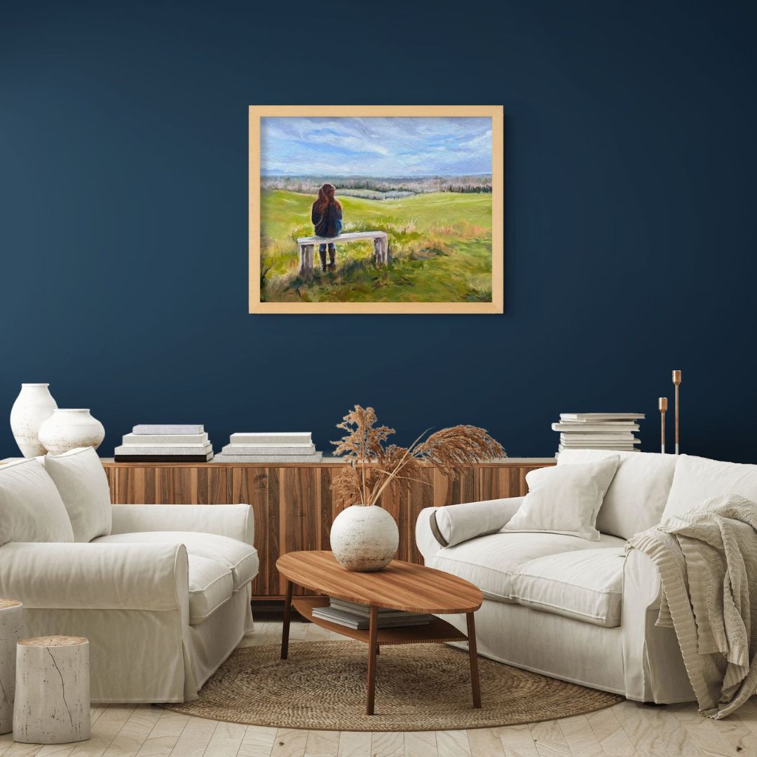 Original oil painting If These Fields Could Talk by Lorraine Field displayed above a sideboard in a contemporary living room.