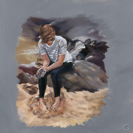 oil painting on canvas of girl on beach playing with sand