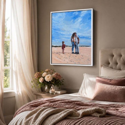 Mama original oil painting by Lorraine Field in a white frame, displayed beside a bed in a softly lit bedroom.