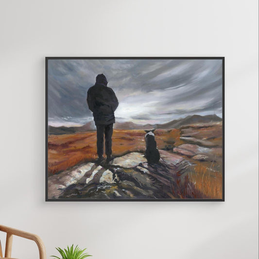 Canvas print “Man and His Border” with black frame, front view