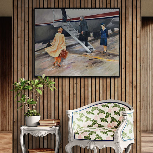 Oil painting Onward (Jet Plane) by Lorraine Field displayed as wall art in a styled interior room setting