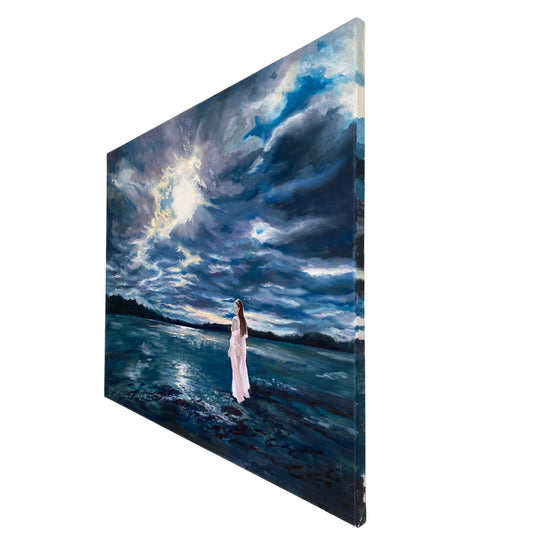 Side profile of original seascape oil painting on canvas showing artwork depth and texture.