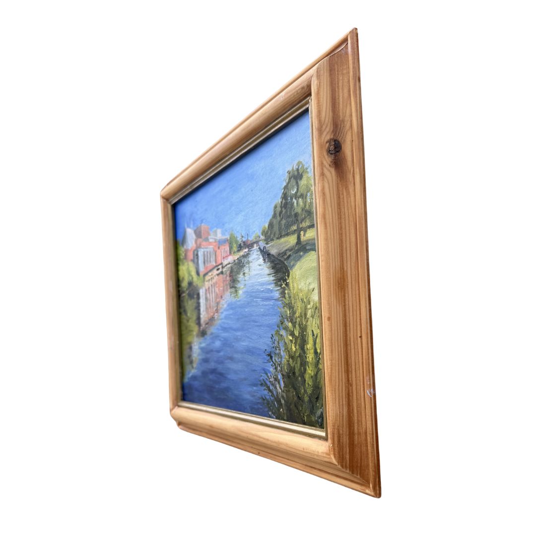 Original oil painting of the Royal Shakespeare Theatre viewed across the River Avon in Stratford-upon-Avon.