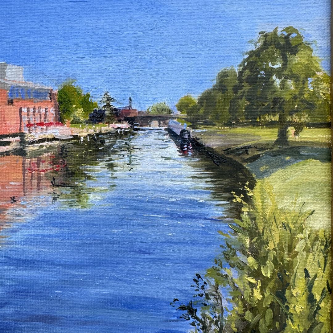 Detail of an original oil painting showing the Royal Shakespeare Theatre and its reflection on the River Avon in Stratford-upon-Avon.