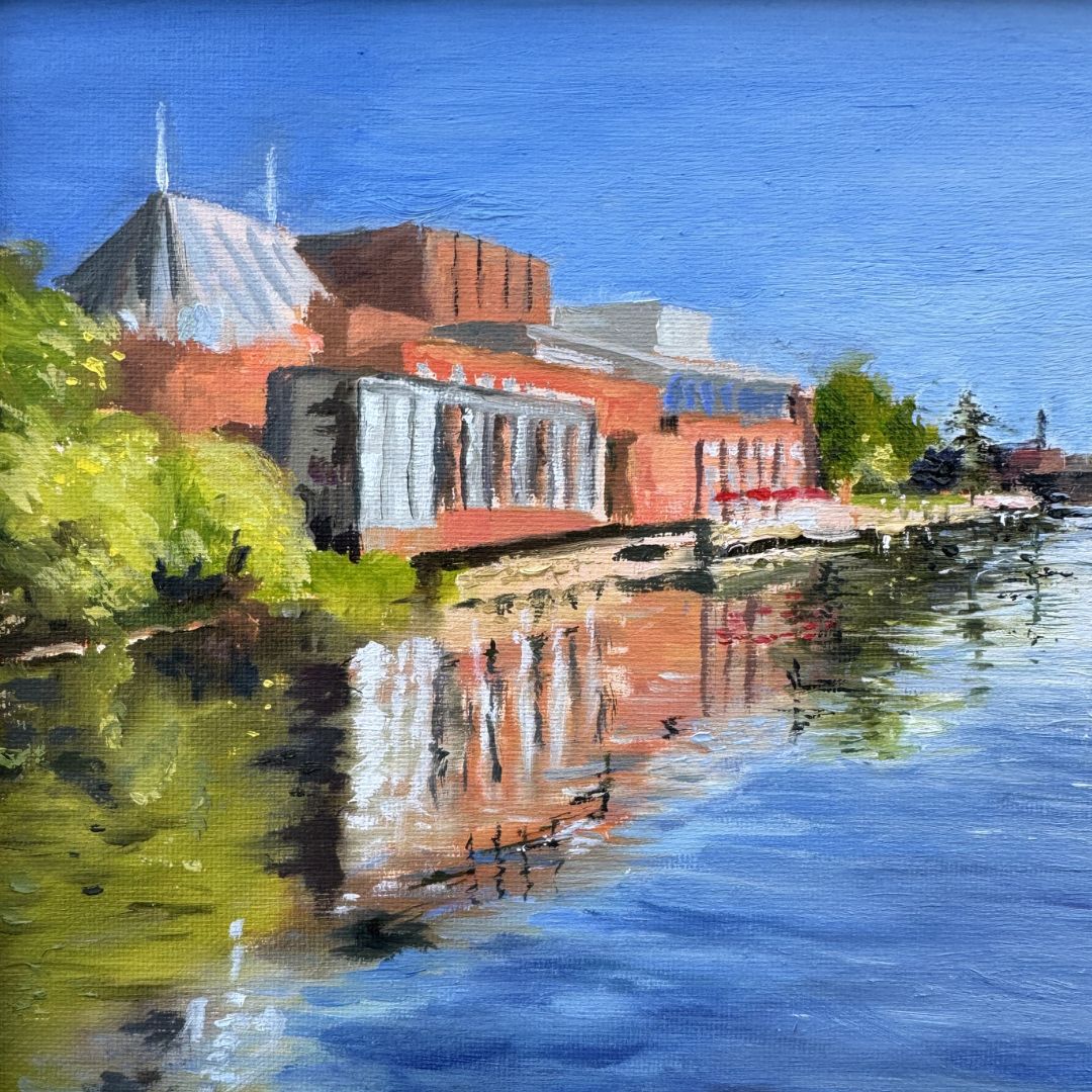 Close up of original oil painting of the Royal Shakespeare Theatre reflected in the River Avon, Stratford-upon-Avon.
