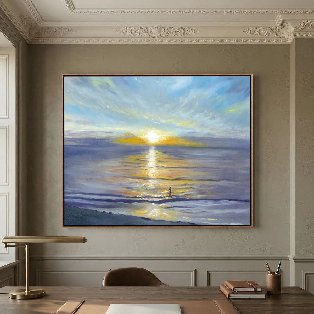 Salute to the Sun sunrise sea swimmer canvas print displayed above a fireplace.