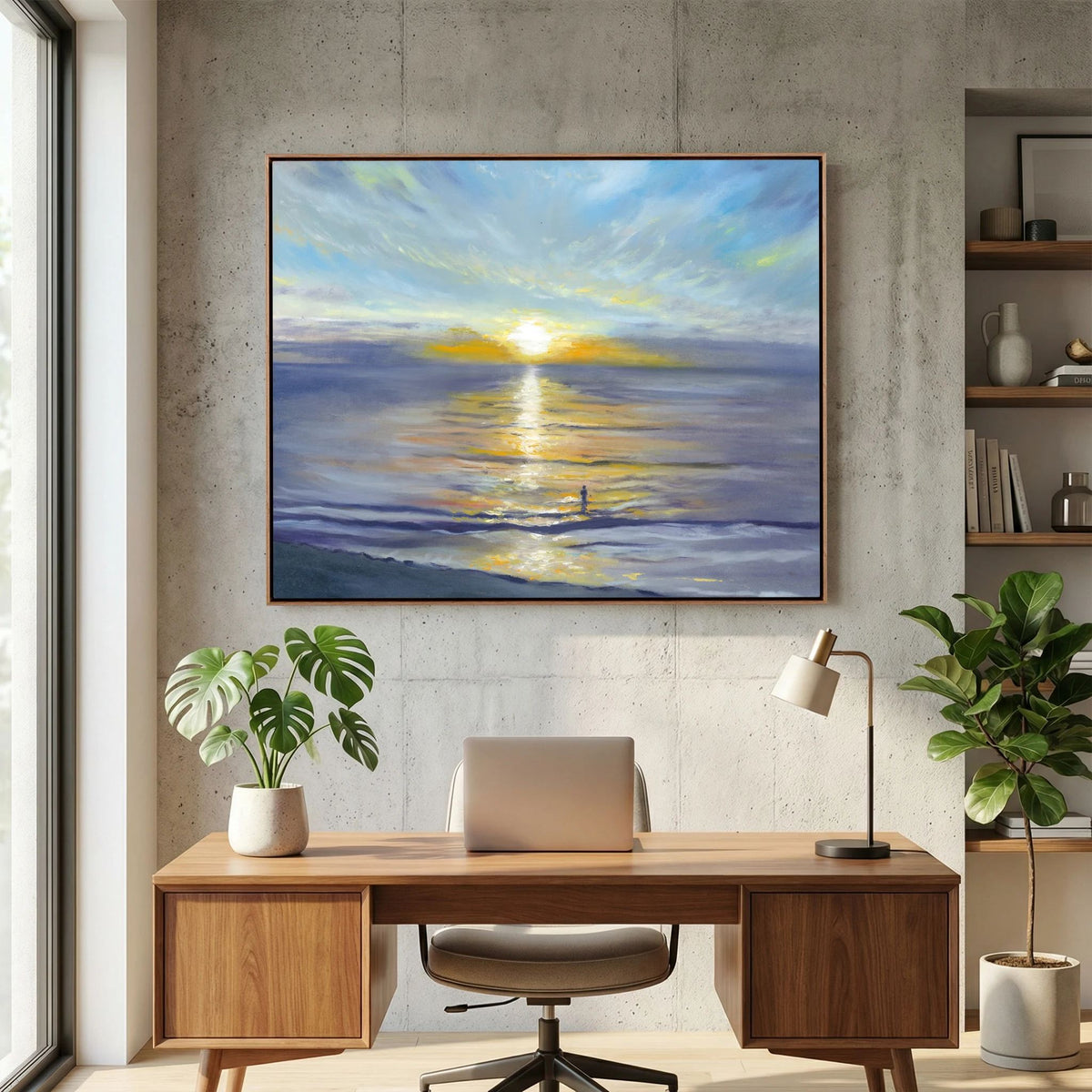 Sunrise seascape canvas print Salute to the Sun displayed above a retro office desk in a light interior.