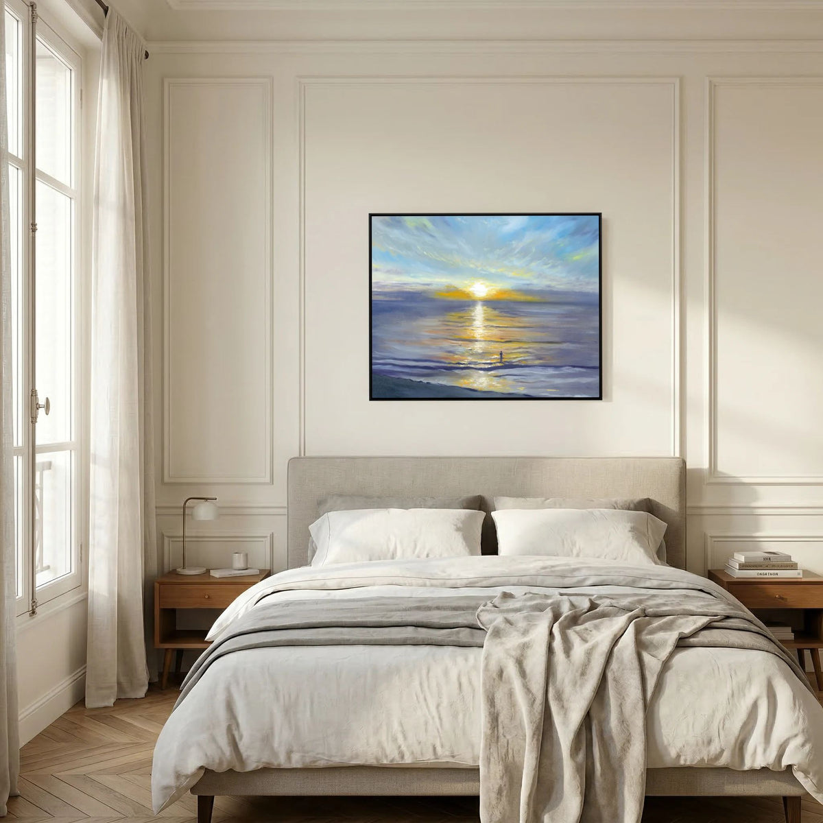 Salute to the Sun peaceful seascape canvas print displayed above a bed in a softly decorated bedroom.