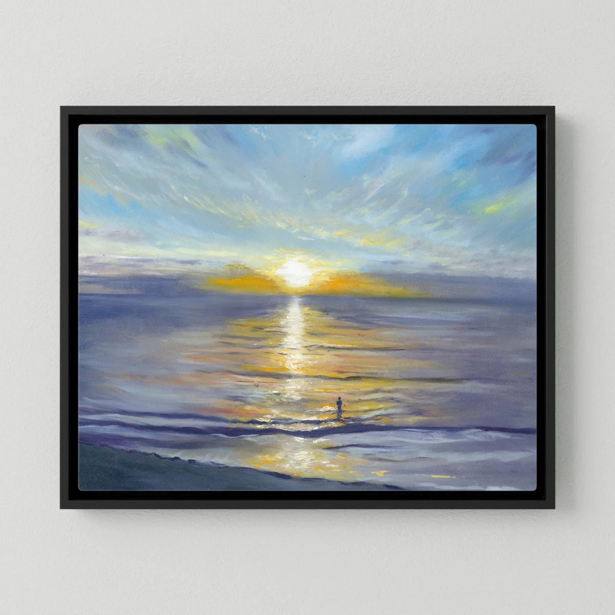 Salute to the Sun blue and gold seascape canvas print shown in a black floating frame.