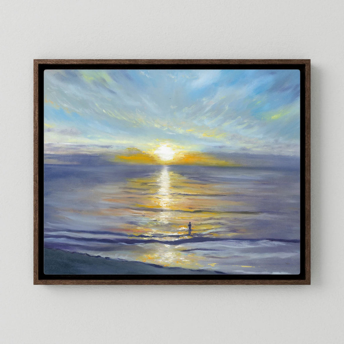 Salute to the Sun sunrise canvas print shown in a dark wood-effect floating frame.