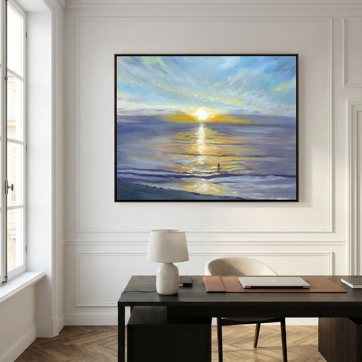 Salute to the Sun canvas print bringing soft blue and golden sunrise colours to a contemporary home office.