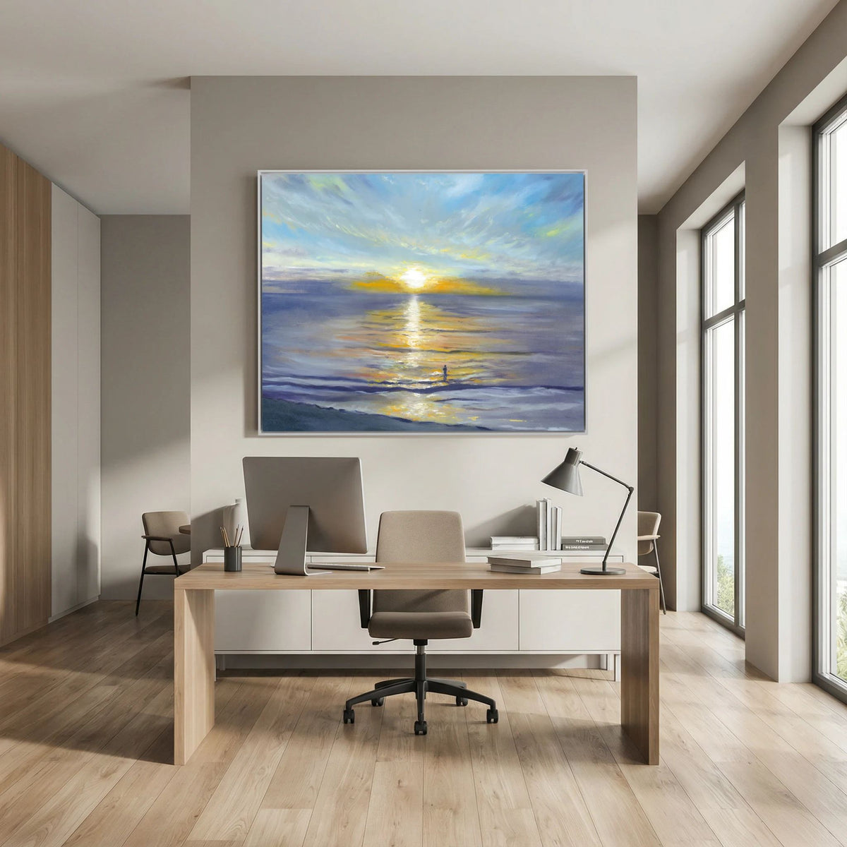 Salute to the Sun canvas print bringing soft blue and golden sunrise colours to a contemporary home office.