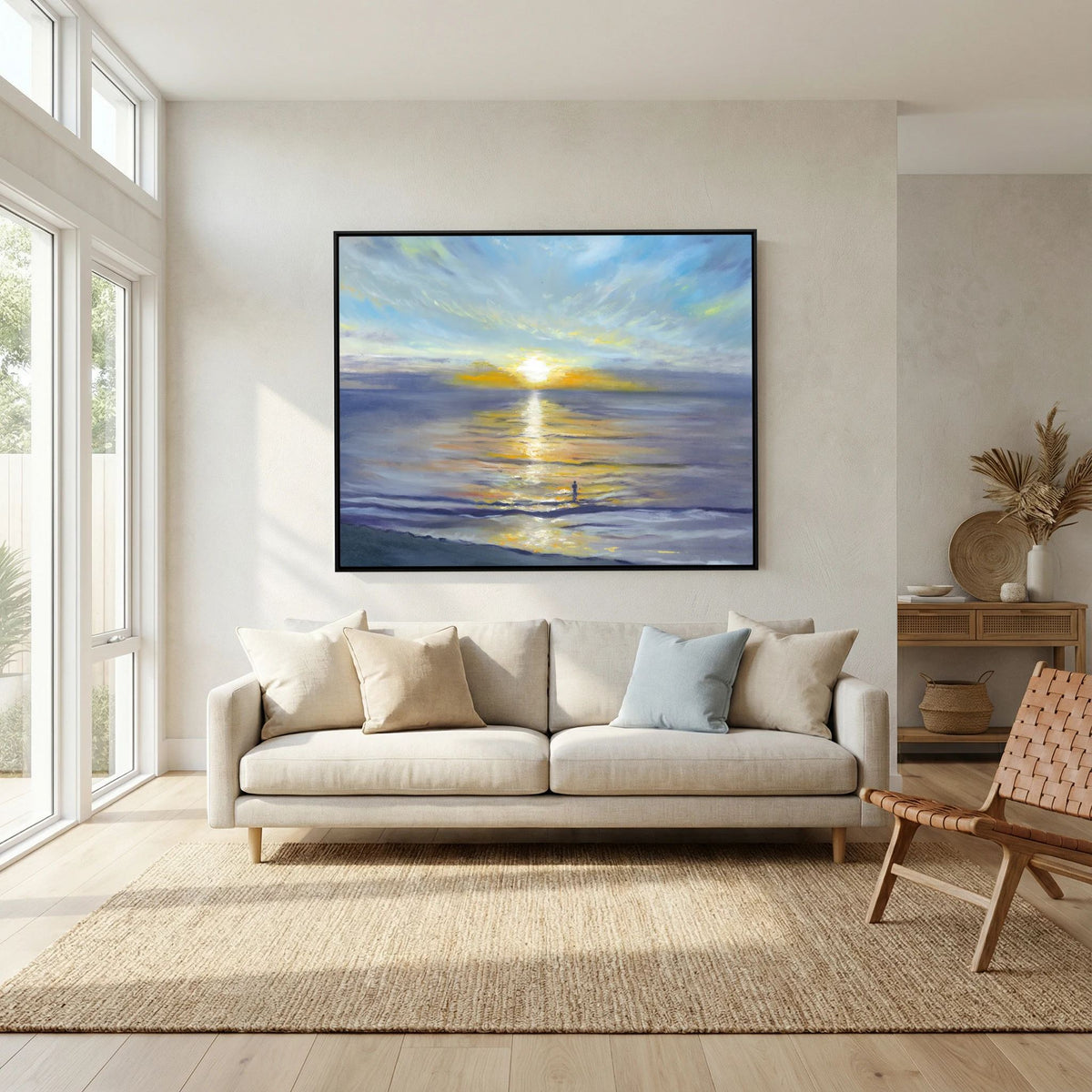 Salute to the Sun sunrise sea swimmer canvas print displayed above a cream sofa in a neutral living room.
