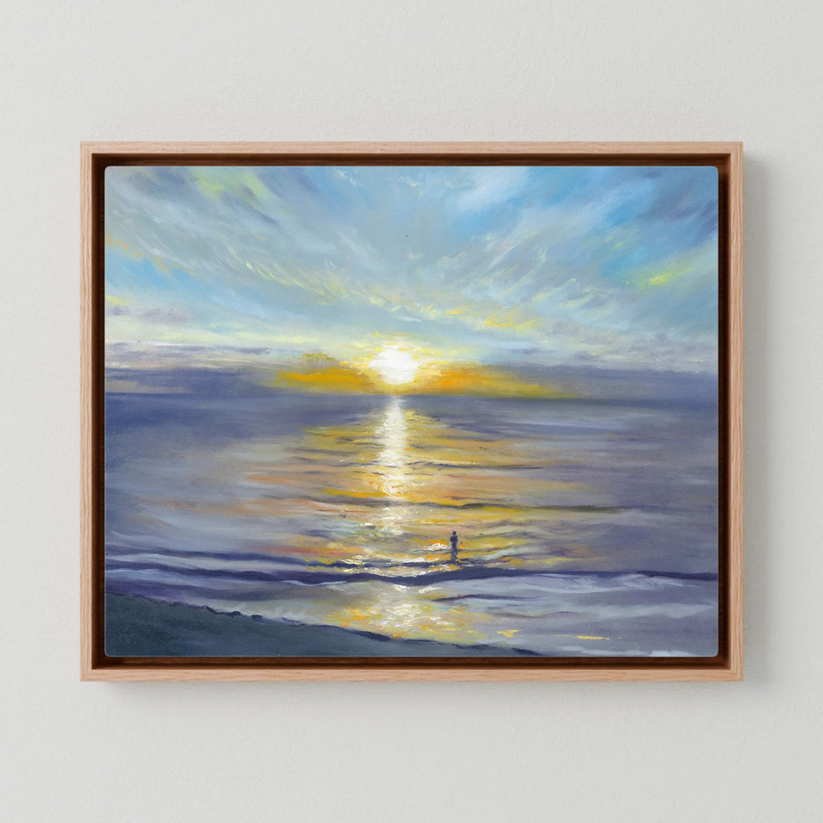 Close view of the Salute to the Sun canvas print in a warm oak floating frame.