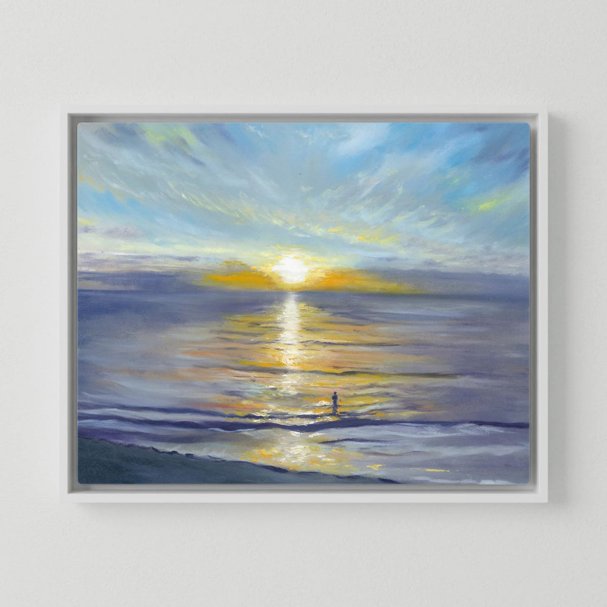 Close view of the Salute to the Sun canvas print in a white floating frame.