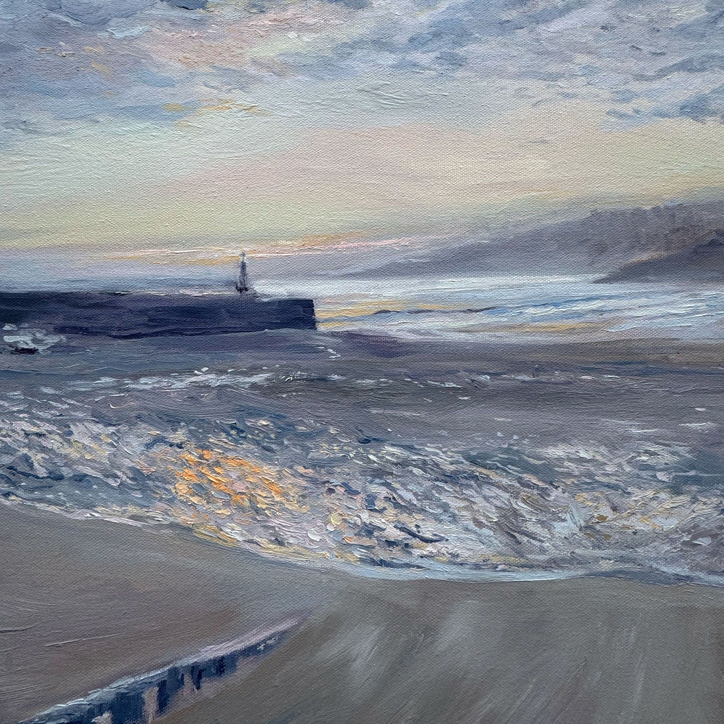 Close-up detail of soft sea light and expressive brushwork in Cornwall sunrise painting.