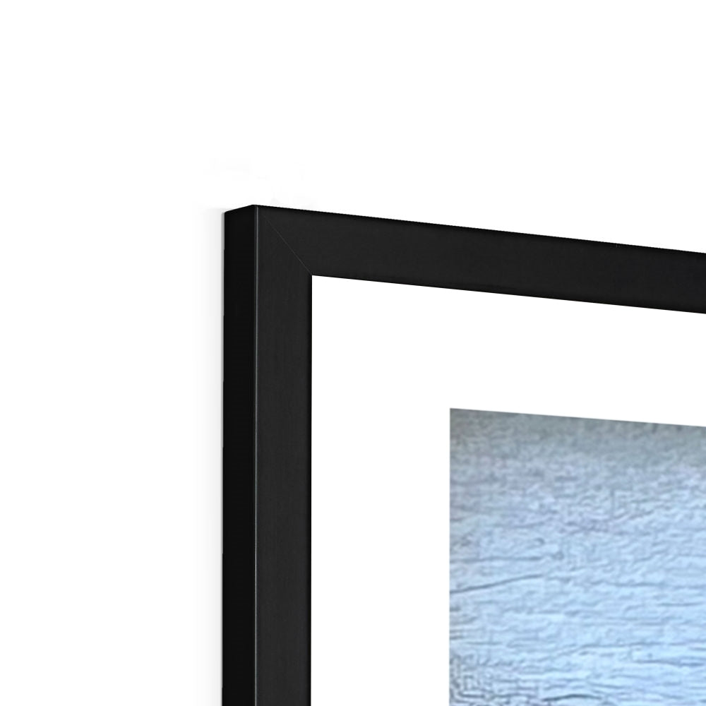 Close-up of the black frame corner on the “Serenity’s Glide” swan fine art print, highlighting the sleek matte finish and refined gallery-style detail.