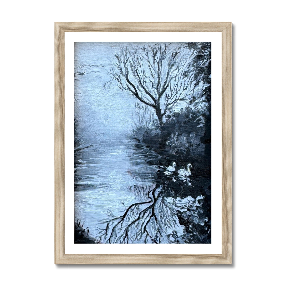 “Serenity’s Glide” swan fine art print in a natural wood frame, combining cool winter blues with warm organic texture for a peaceful, timeless look.