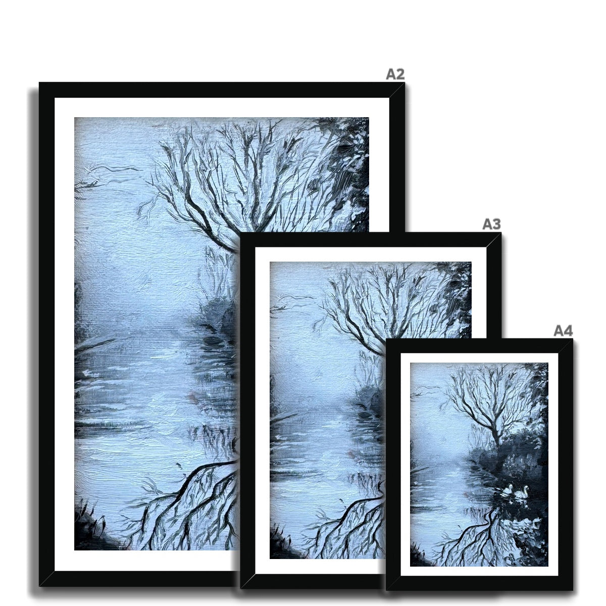 “Serenity’s Glide” swan fine art print shown in multiple size options from small to large, ideal for creating a calm focal point in bedrooms, reading spaces, or peaceful interiors.