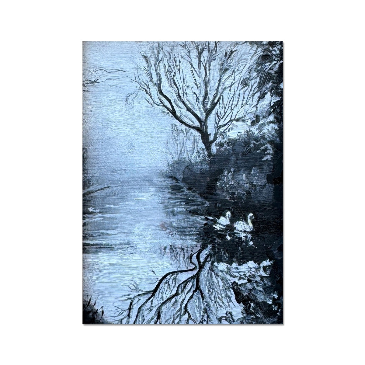 Unframed “Serenity’s Glide” swan fine art print featuring reflective blue water, winter branches, and a peaceful riverside atmosphere.