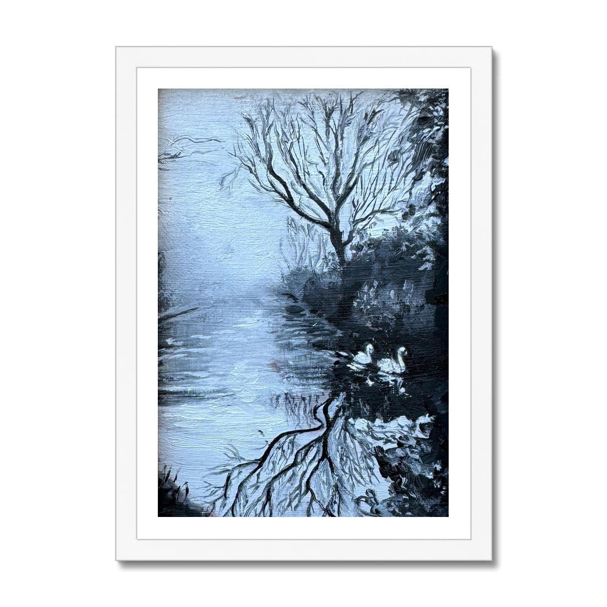 “Serenity’s Glide” swan fine art print in a crisp white frame, showcasing soft blue tones and tranquil reflections for a light and calming interior feel.