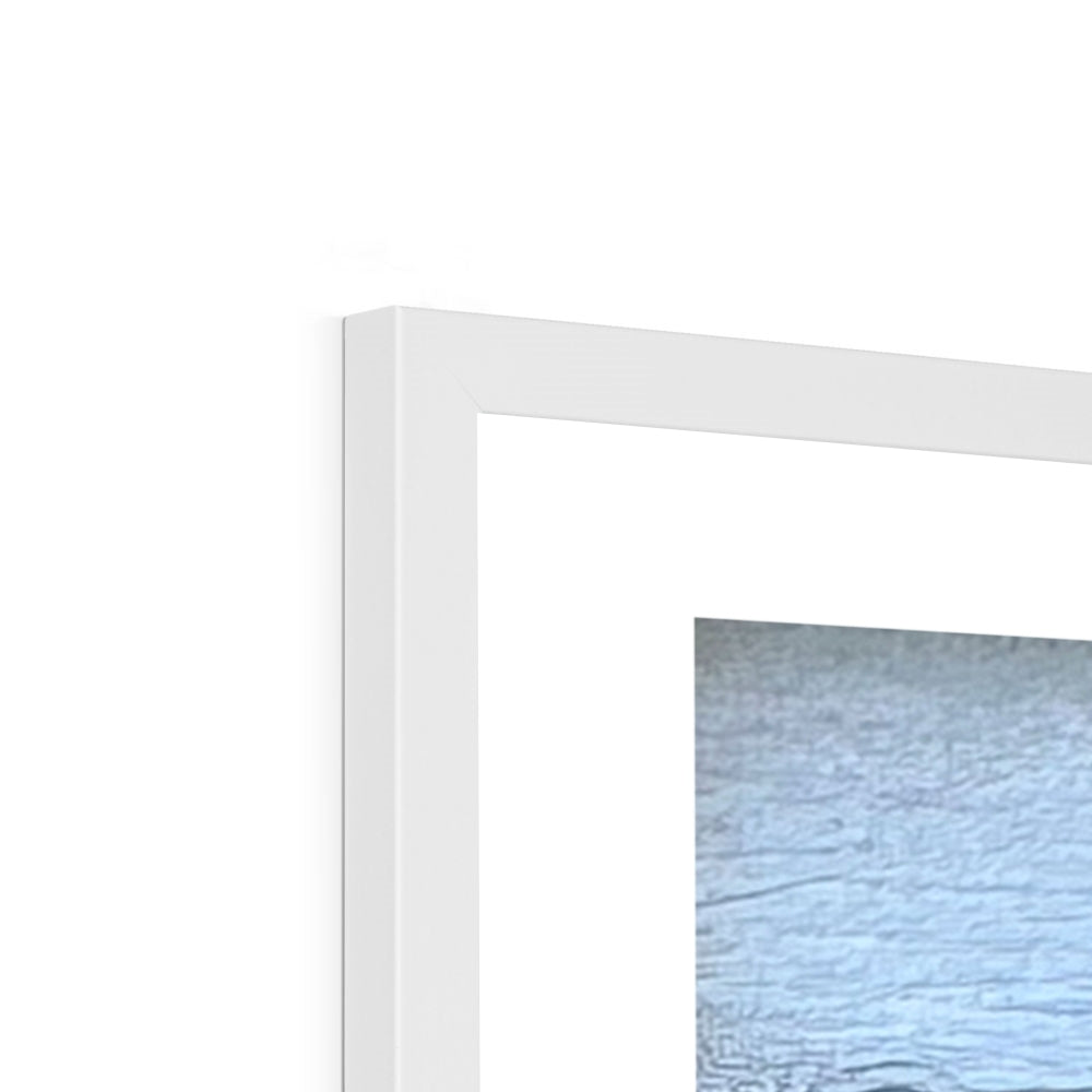 Close-up of the white frame corner on the “Serenity’s Glide” swan fine art print, showcasing the clean contemporary finish and elegant detail.