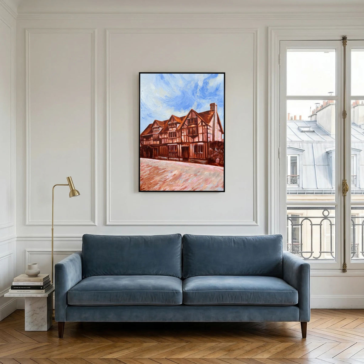 Shakespeare’s Birthplace canvas print displayed above a blue sofa in a bright living room