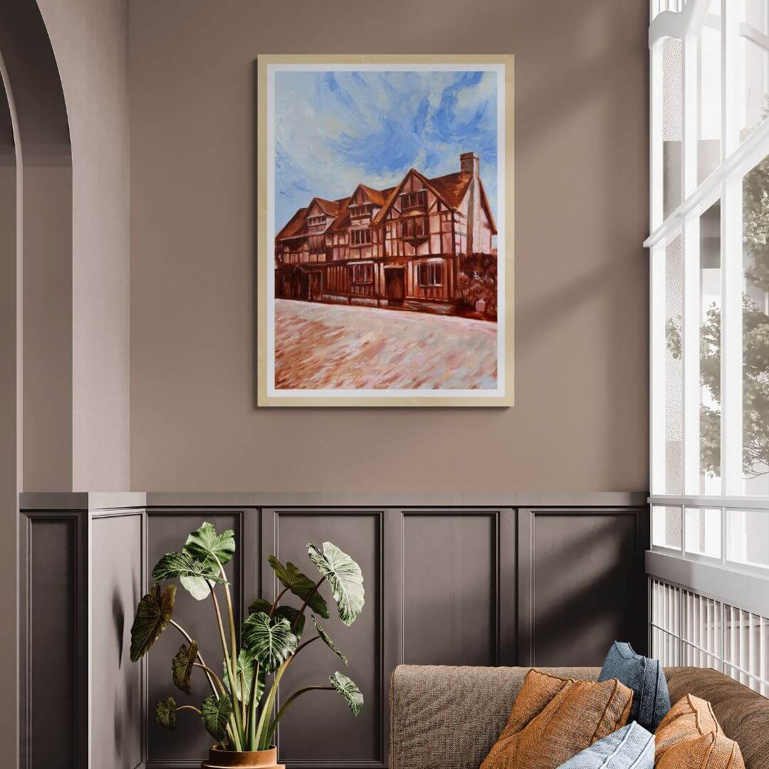 Framed Shakespeare’s Birthplace fine art print displayed in a warm neutral living room inspired by Stratford-upon-Avon’s historic Tudor architecture.