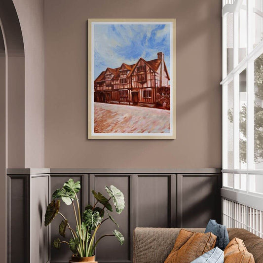 Framed Shakespeare’s Birthplace fine art print displayed in a warm neutral living room inspired by Stratford-upon-Avon’s historic Tudor architecture.