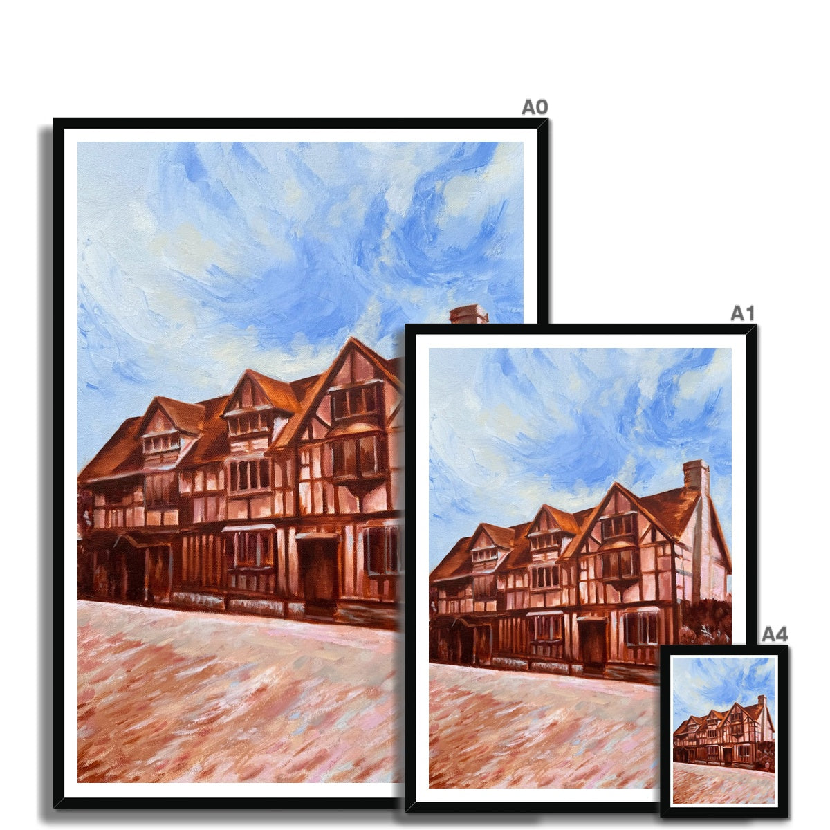 Size guide showing Shakespeare’s Birthplace fine art print available in A0, A1 and A4 sizes for Stratford-upon-Avon wall art and framed print options.