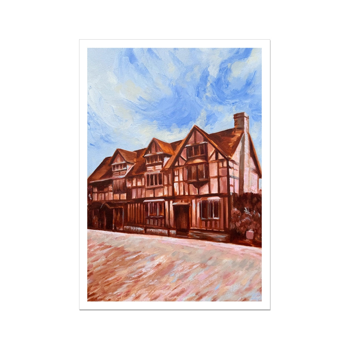 Unframed Shakespeare’s Birthplace fine art print featuring the historic Stratford-upon-Avon house in warm burnt sienna, blue and white tones.