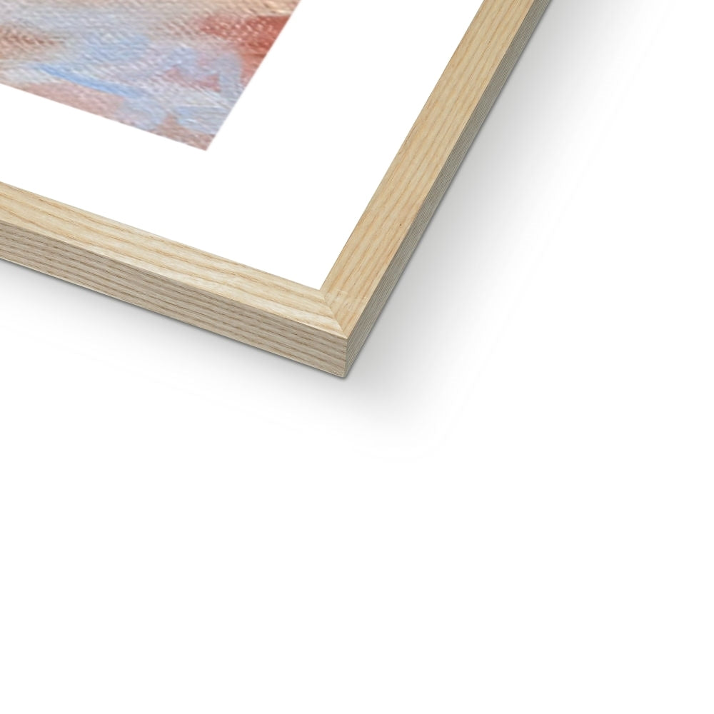 Close-up of the natural wood frame corner on the Shakespeare’s Birthplace fine art print, showcasing the warm oak-toned finish and handcrafted detail.