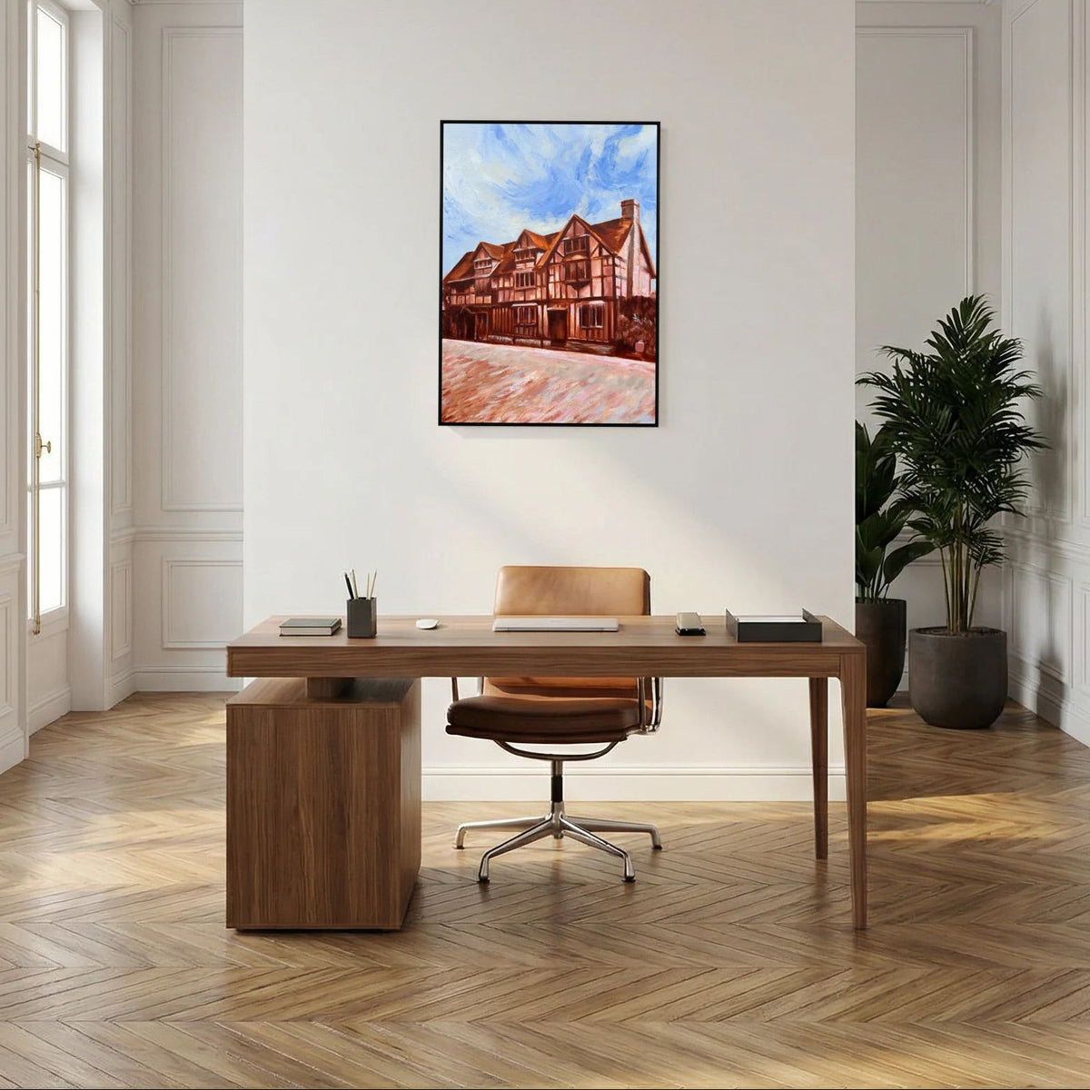 Shakespeare’s Birthplace canvas print displayed above a wooden desk in a light-filled home office