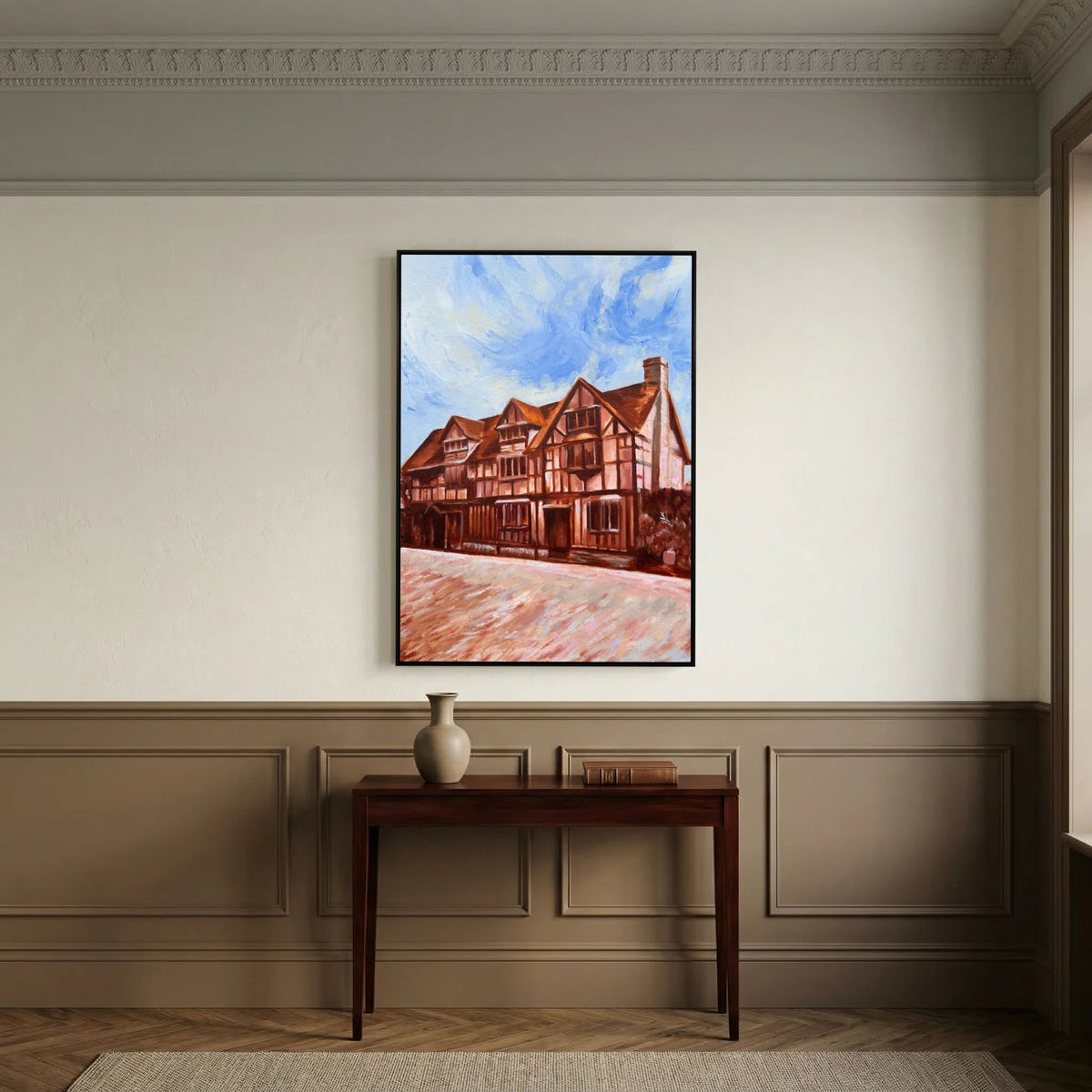 Shakespeare’s Birthplace wall art displayed above a desk in a warm neutral room