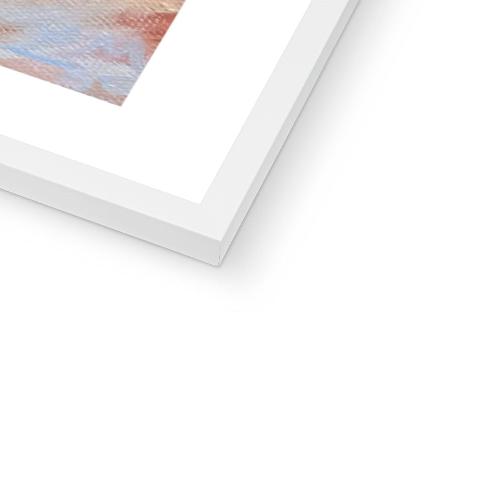 Close-up of the white frame corner on the Shakespeare’s Birthplace fine art print, highlighting the bright gallery-style finish and fine detail.