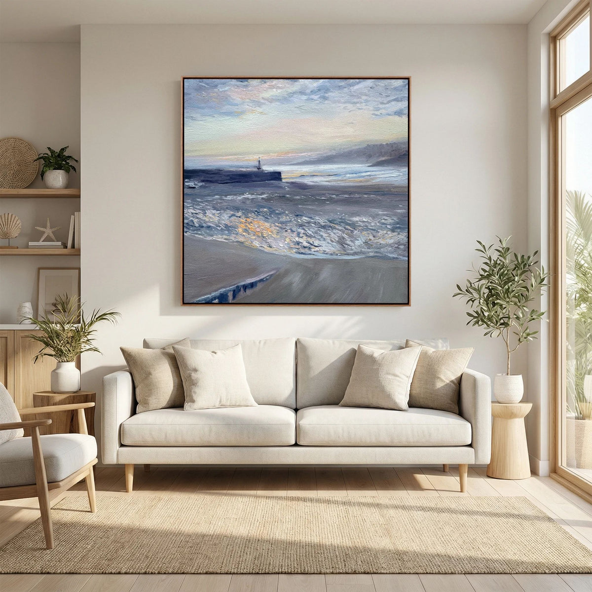 St Ives Harbour Sunrise canvas print by Lorraine Field displayed above a cream sofa in a light living room.