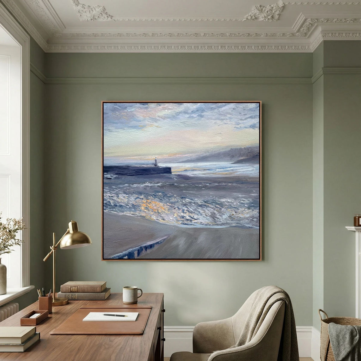 St Ives Harbour Sunrise canvas print displayed on a green wall above a sofa in a living room.