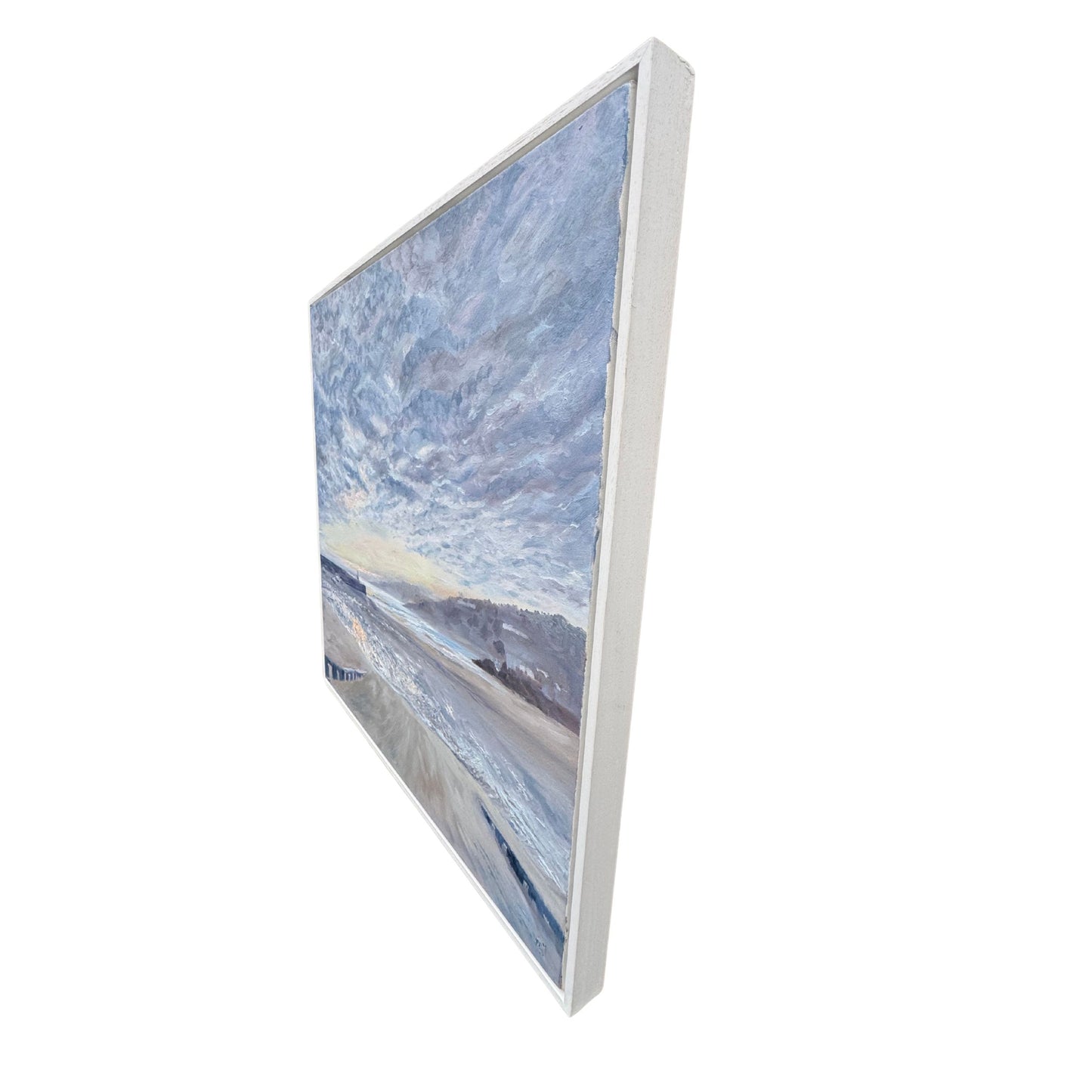 Side profile view of white framed Cornwall seascape oil painting