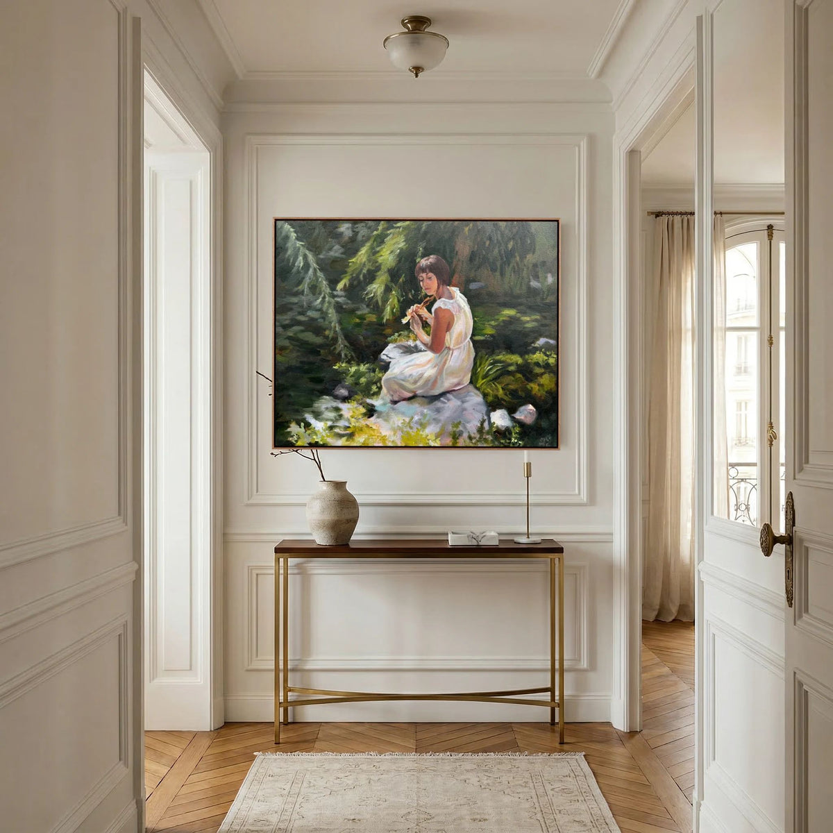Stillness Among the Leaves woodland canvas print displayed above a narrow console table in a bright hallway.