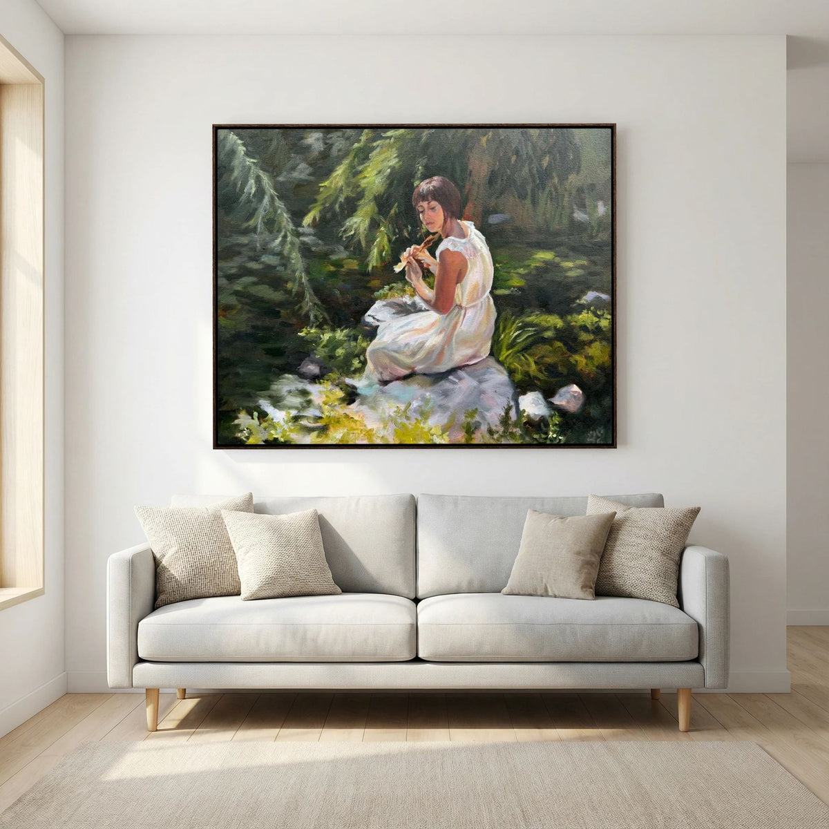 Stillness Among the Leaves canvas print displayed above a cream sofa in a neutral living room.