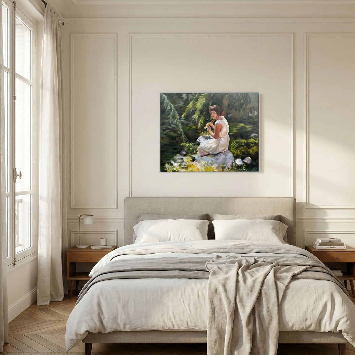 Stillness Among the Leaves woodland canvas print displayed above a bed with neutral linen bedding.